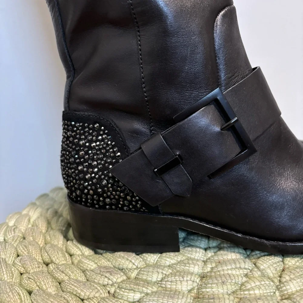 B Brian Atwood Dita Crystal Heel Black Leather Tall Moto Flat Boots
